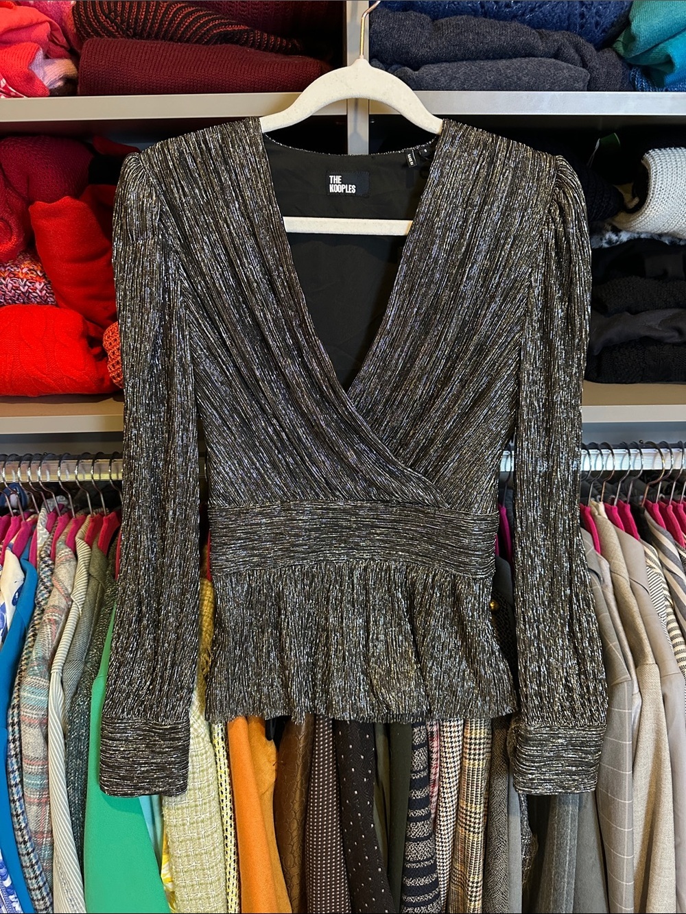 The Kooples black/silver & gold metallic threads long sleeve blouse size 0 NWT